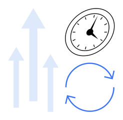 Upward arrows for growth, clock for time management, circular arrows for process improvement. Ideal for productivity, growth, time, progress, efficiency development strategy. Simple flat metaphor