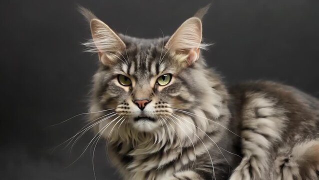 Close-Up Image of a Gray Long-Haired Domestic Cat with an Annoyed