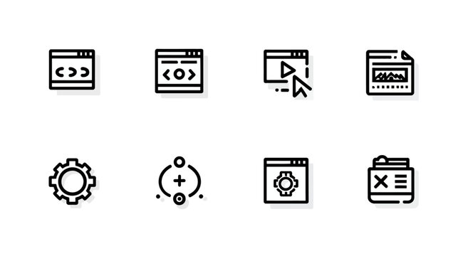 Modern minimalist line icons set for web development, programming, coding, IT solutions, and digital interface design.