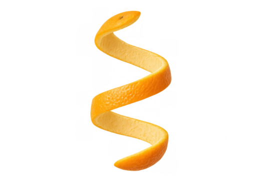 Orange peel spiral shape twisting, fresh citrus fruit zest for garnish, cooking, and flavoring, transparent background
