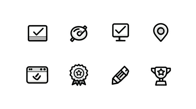 Minimalist Outline Icons Collection: Success, Completion, Location, Award, Time, Edit, and Web Design Elements