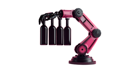 Robotic arm in pink holds four wine bottles against black background