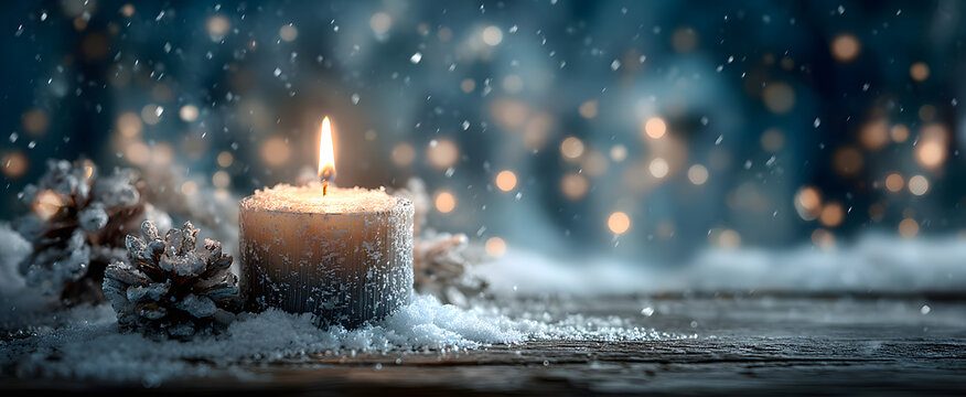 Christmas candle in winter snow landscape with magic lights. Xmas Panorama, Banner. First Advent Sunday. Wood background with copy space.