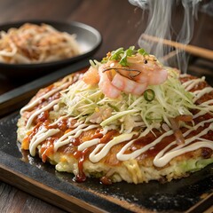 okonomiyaki pancake with cabbage, bacon, and special sauce
