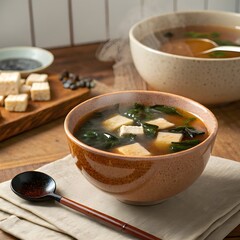 Traditional Japanese Miso Soup with Tofu, Seaweed, and Scallions, Authentic Warm Comfort Food Close-Up
