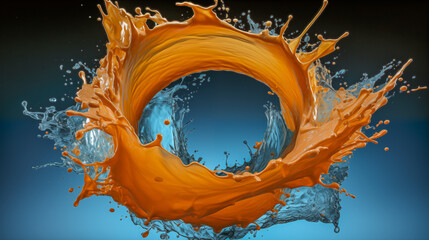 Dynamic Splash of Orange and Blue Liquid in Motion Against Gradi