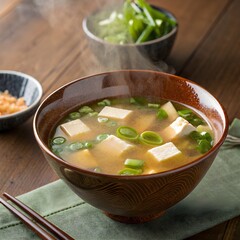 miso soup with tofu, seaweed, and scallions in a ceramic bowl
