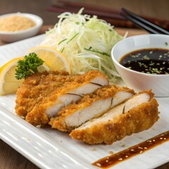 tonkatsu  cutlet with shredded cabbage and tonkatsu sauce
