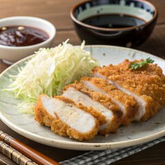 Crispy Japanese Tonkatsu Cutlet with Panko Breadcrumbs, Rice, and Cabbage, Authentic Fried Cuisine Close-Up
