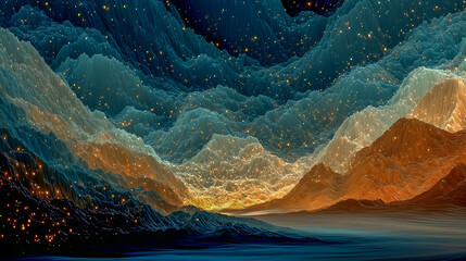 Abstract Landscape with Deep Textured Waves and Sparkling Lights
