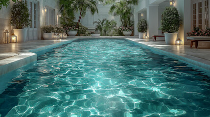 Elegant Indoor Pool with Tropical Plants and Lanterns at Night i