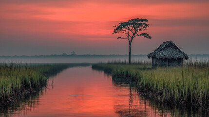 Serene Sunset Over Tranquil Waterway with Lone Tree and Rustic H