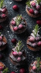 Fototapeta premium Festive winter cupcakes with sugared cranberries and rosemary, dusted with powdered sugar, creating a magical holiday dessert scene