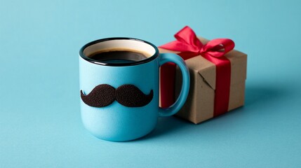 Celebrate Father's Day or a special occasion with a whimsical blue mug featuring a playful mustache design, paired with a charming gift box tied with a vibrant red ribbon.