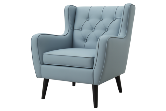 Light blue armchair with button tufting, wooden legs, and a mid-century modern design. background removed
