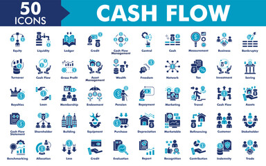 Cash Flow Icon Set Collection. Consist Of Equity, Liquidity, Ledger, Credit, Cash Flow Management, Control, Cash, Measurement, Business, Bankruptcy. Simple Vector Flat Illustration.