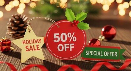 Holiday sale tags with 50% off discount on festive background  