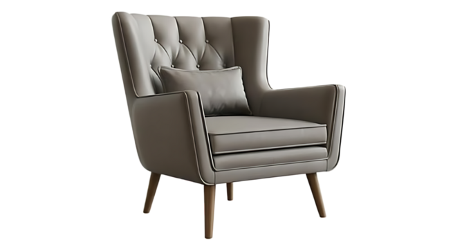 Light gray upholstered armchair with button tufting and wooden legs 
