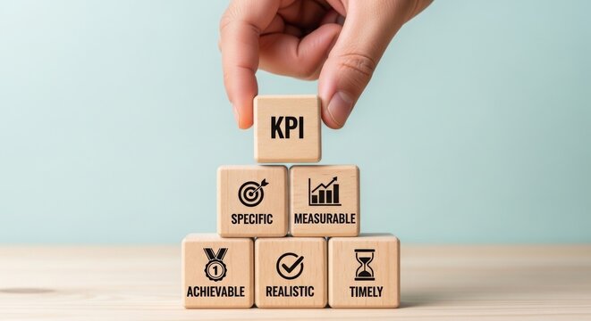 Hand placing KPI block on wooden cubes with business metrics  