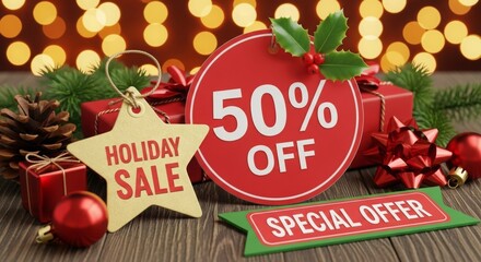 Holiday sale promotional signs with gift boxes and Christmas decor  