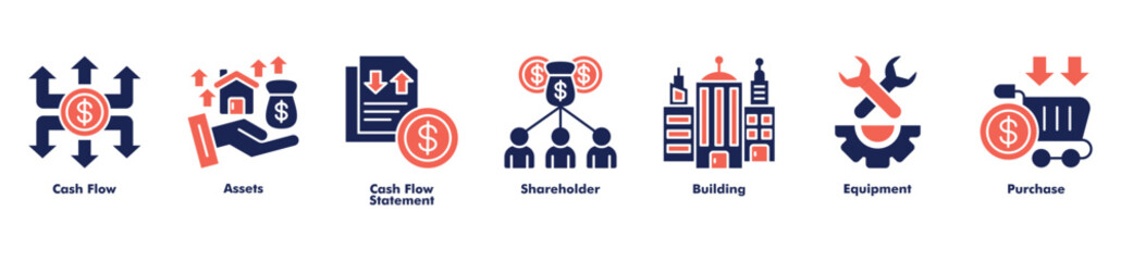 Corporate accounting icon set vector consist of cash flow, assets, cash flow statement, shareholder, building, equipment, and purchase.