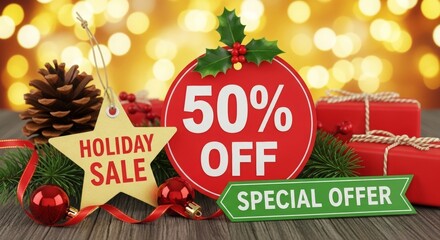 Holiday sale decorations with gifts, pine cones, and discount signs  