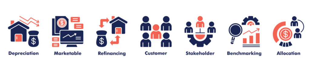 Business accounting icon set vector consist of depreciation, marketable, refinancing, customer, stakeholder, benchmarking, and allocation.