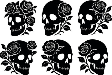 Fototapeta premium Skull silhouette with rose flower decoration in black and white vector design for tattoo and gothic art style
