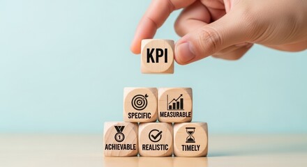Hand stacking wooden blocks with KPI and related concepts displayed  