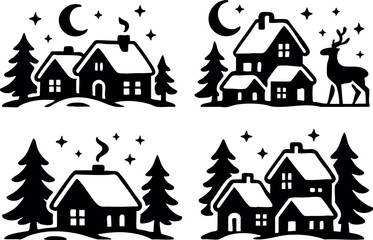 Fototapeta premium Winter night cozy cabin village with pine trees crescent moon and deer silhouette vector set
