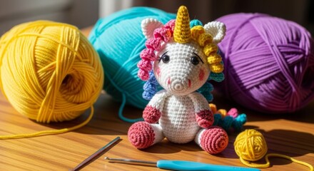 Colorful crocheted unicorn stuffed toy with yarn balls on table  