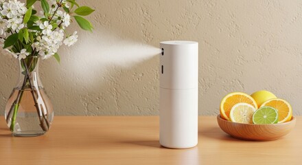 Aroma diffuser releasing mist next to fresh citrus fruits on table  