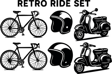 Retro ride set featuring vintage bicycles helmets and classic scooters in black and white vector illustration