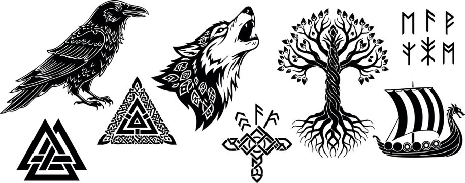 Viking symbols and Norse mythology icons including raven, wolf, tree, dragon ship, and runes vector set
