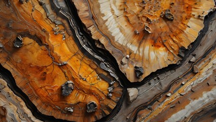 Abstract Cross-Section of Petrified Wood Texture with Rich Orange and Brown Tones, Showing Detailed Grain and Growth Rings 