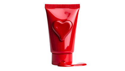 Glossy red tube with a heart embellishment, dripping a heart-shaped spill on black