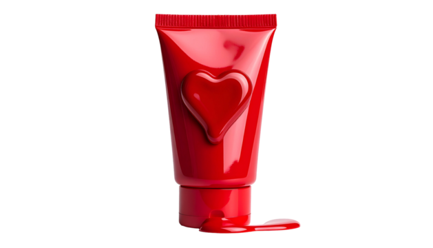 Glossy red tube with a heart embellishment, dripping a heart-shaped spill on black