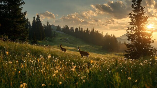 Wild deer in sun-drenched alpine meadow during golden hour with dramatic sky and coniferous forest.