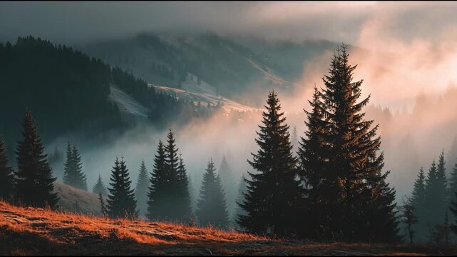 Dramatic Sunrise Light Illuminating Foggy Alpine Forest and Silhouetted Pine Trees on a Misty Mountain Slope