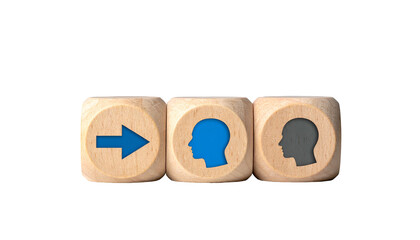 Wooden dice show a progression arrow, blue head, gray head, against black