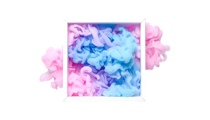 A white framed box filled with swirling pastel smoke against a black background