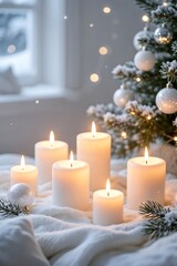 Cozy white candles glowing by a snowy window with Christmas ornaments, creating a calm winter atmosphere and peaceful holiday mood.