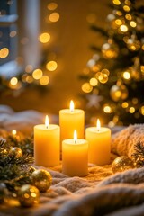 Golden candles glowing with soft bokeh light and Christmas tree decor, symbolizing warmth, peace, and festive celebration.
