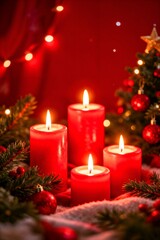 Red candles burning among pine branches and ornaments on a red background, representing love, joy, and Christmas spirit.