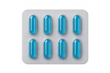 Blister pack of blue capsules illustrating medication, healthcare, pharmacy, treatment and pharmaceutical research