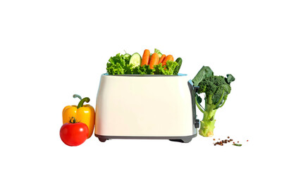 A toaster overflowing with vegetables, with more vegetables beside it against a black background