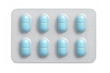 Blister pack with light blue oval pills, representing medicine, prescription drugs, dosage, and pharmaceutical health. Transparent background