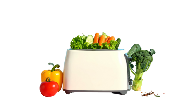 A toaster overflowing with vegetables, with more vegetables beside it against a black background