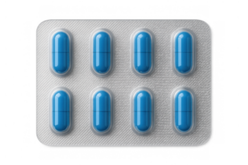 Blue capsules on blister pack isolated with transparent background, representing health, medicine, treatment, and pharmacy
