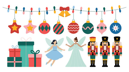 Christmas decorations, ornaments, and festive illustrations in a colorful style